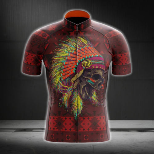 Black And Red Skull Native Men Cycling Short Sleeve Jersey, Skull Native Cycling Jerseys CG0550