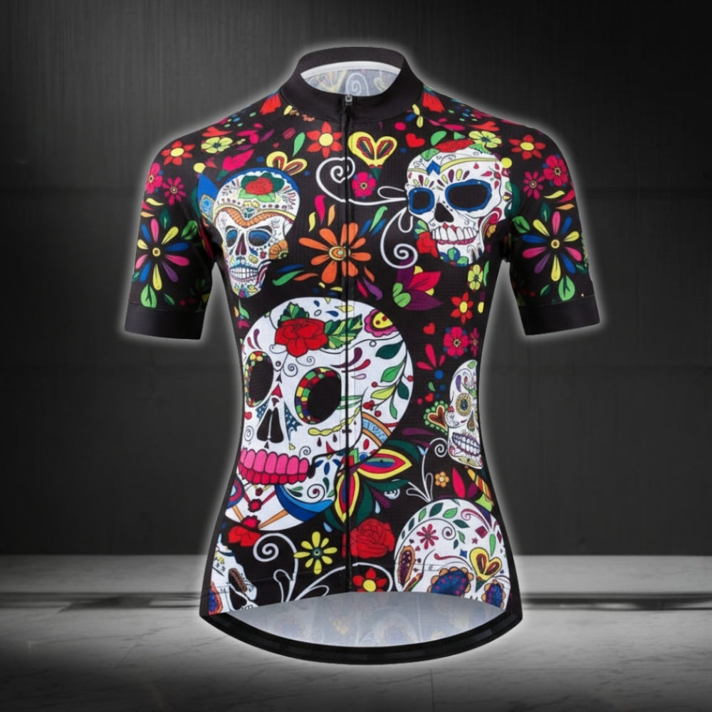 Women's Sugar Skull Cycling Short Sleeve Jersey, Day Of The Dead Womens Cycling Jerseys CZ0087