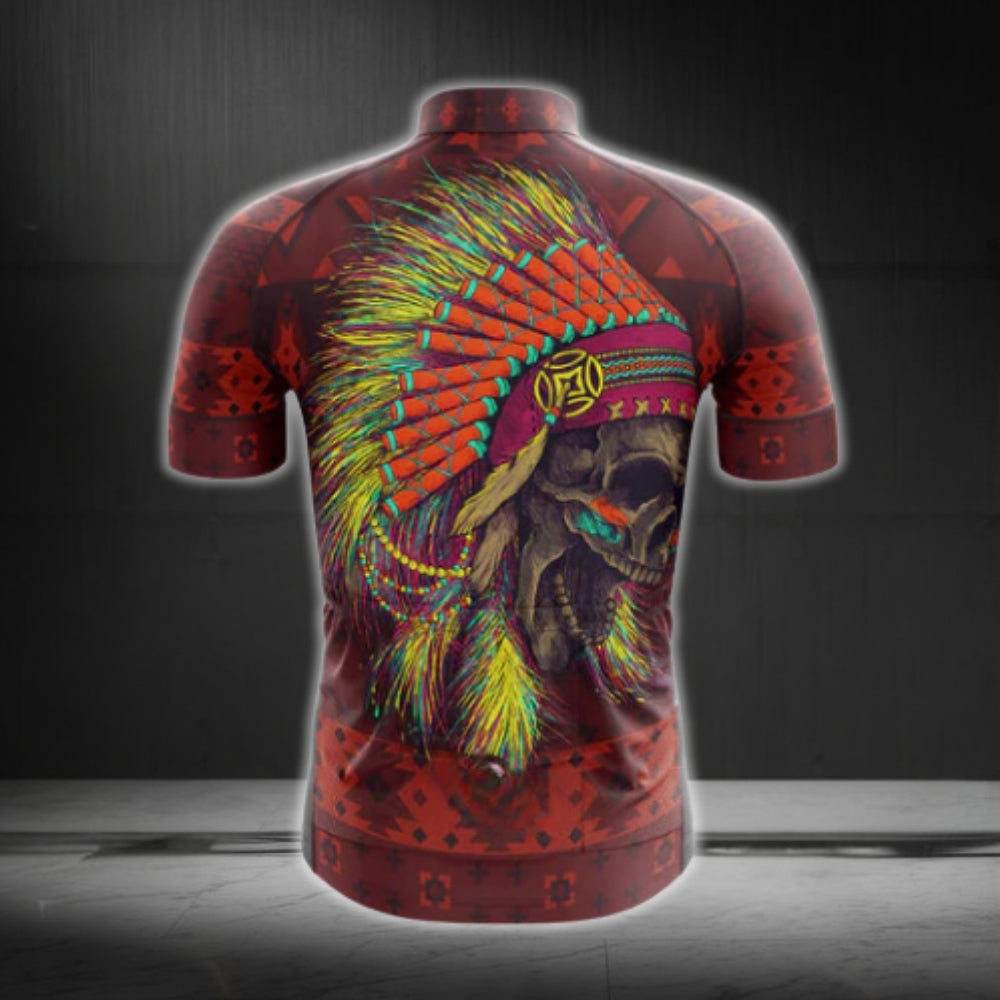 Black And Red Skull Native Men Cycling Short Sleeve Jersey, Skull Native Cycling Jerseys CG0550