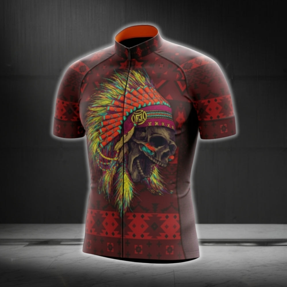 Black And Red Skull Native Men Cycling Short Sleeve Jersey, Skull Native Cycling Jerseys CG0550