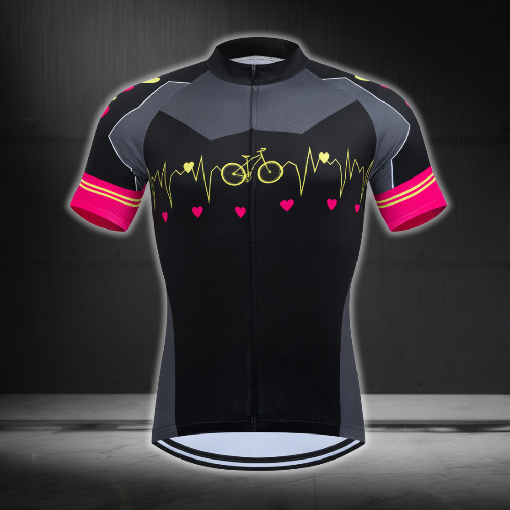 Black Pink Heartbeat Cycling Short Sleeve Jersey For Mens, Men's Cycling Jerseys CE0053