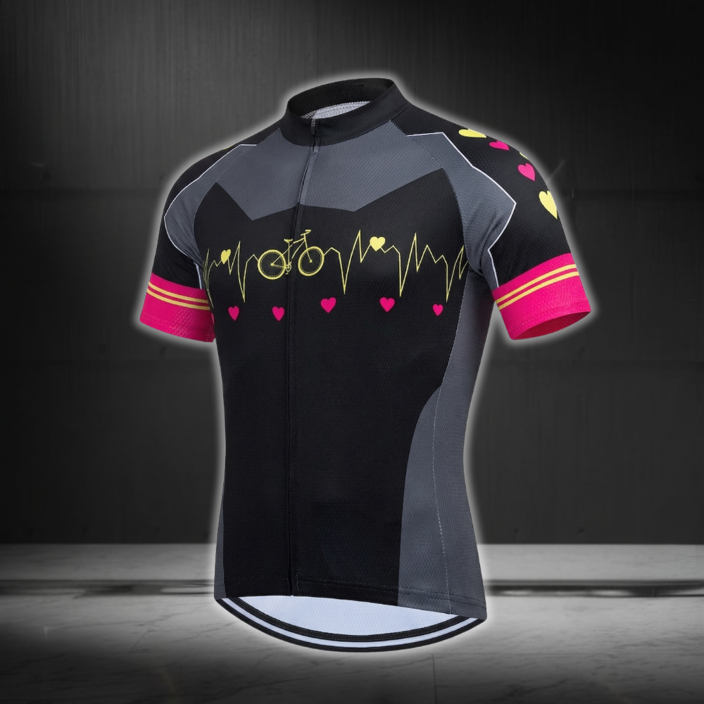 Black Pink Heartbeat Cycling Short Sleeve Jersey For Mens, Men's Cycling Jerseys CE0053