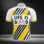 Life Is Good Yellow And White Cycling Short Sleeve Men's Jerseys, White and Yellow Cycling Jersey For Mens CG0243
