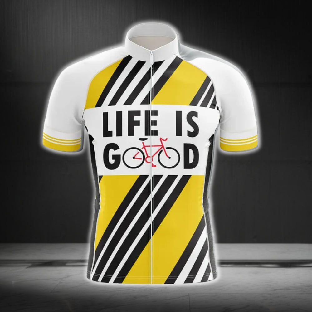 Life Is Good Yellow And White Cycling Short Sleeve Men's Jerseys, White and Yellow Cycling Jersey For Mens CG0243