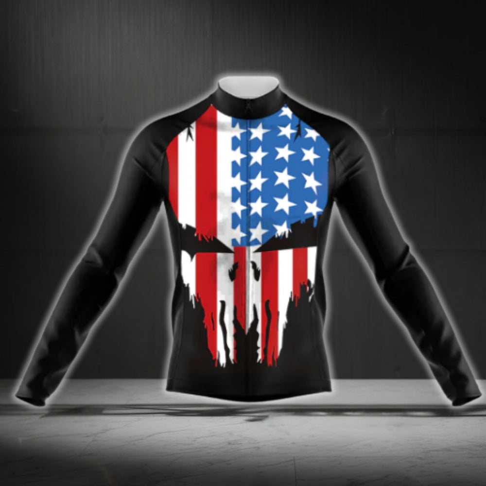 American Flag Skull Cycling Long Sleeve Men Jersey, Patriotic Skull Cycling Jerseys CG0727