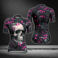 Black Pink Skull Cycling Short Sleeve Women's Jersey, Skull Cycling Jersey For Women CE0062