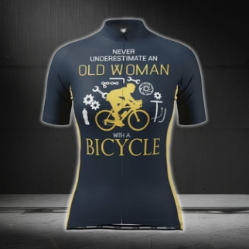 Never Underestimated An Old Women With A Bicycle Women's Short Sleeve Cycling Jersey, Funny Cycling Jersey For Ladies CG0429