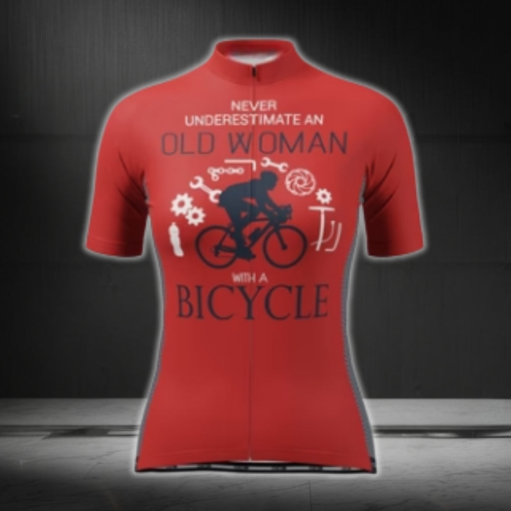 Never Underestimated An Old Women With A Bicycle Women's Short Sleeve Cycling Jersey, Funny Cycling Jersey For Ladies CG0429