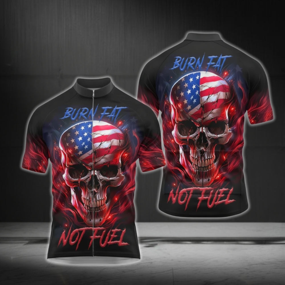 Burn Fat Not Fuel American Flag Skull Cycling Short Sleeve Men Jersey, Patriotic Skull Cycling Jerseys CG0554