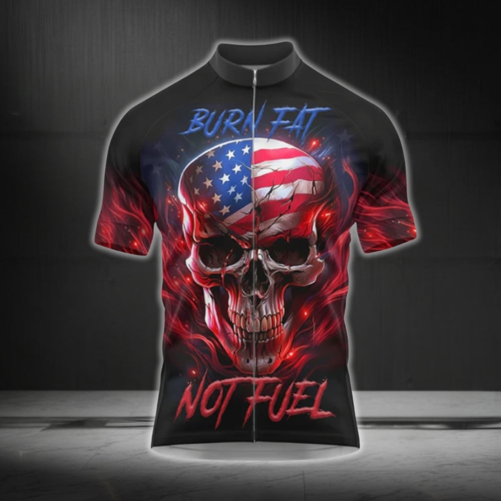 Burn Fat Not Fuel American Flag Skull Cycling Short Sleeve Men Jersey, Patriotic Skull Cycling Jerseys CG0554