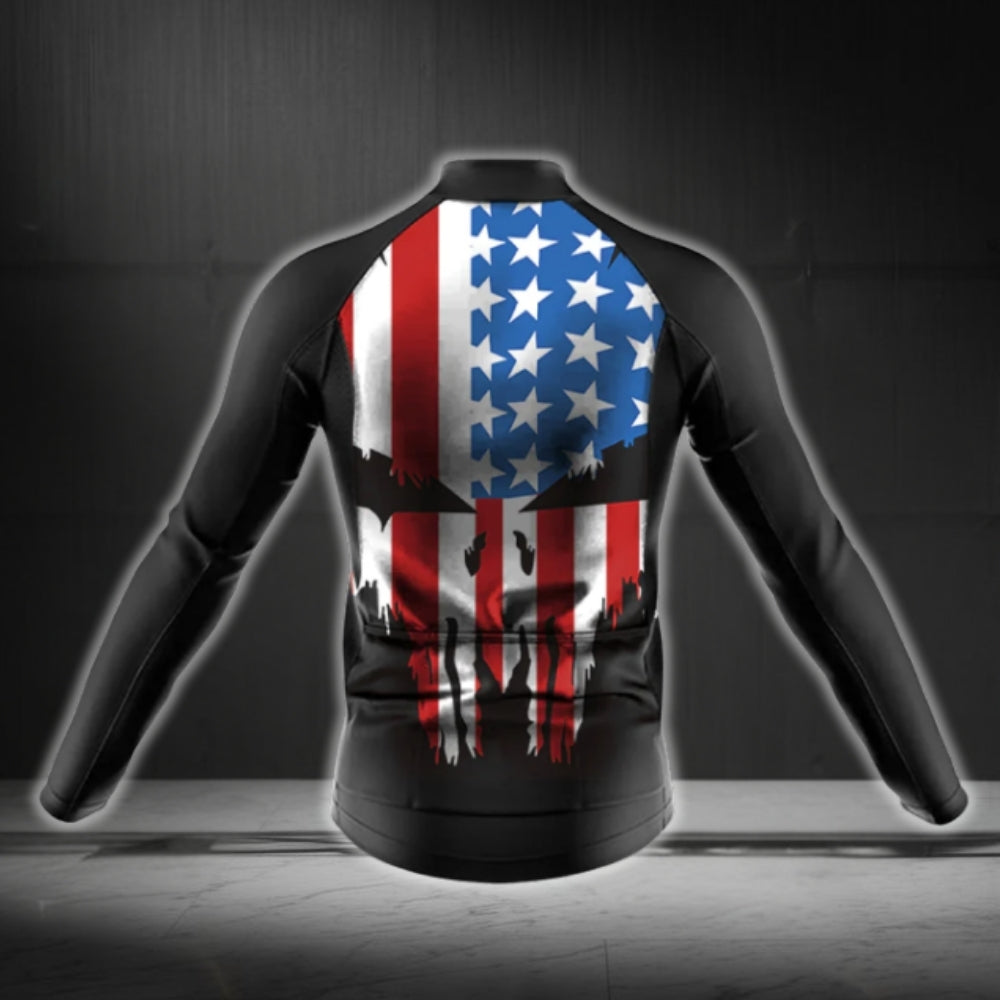 American Flag Skull Cycling Long Sleeve Men Jersey, Patriotic Skull Cycling Jerseys CG0727