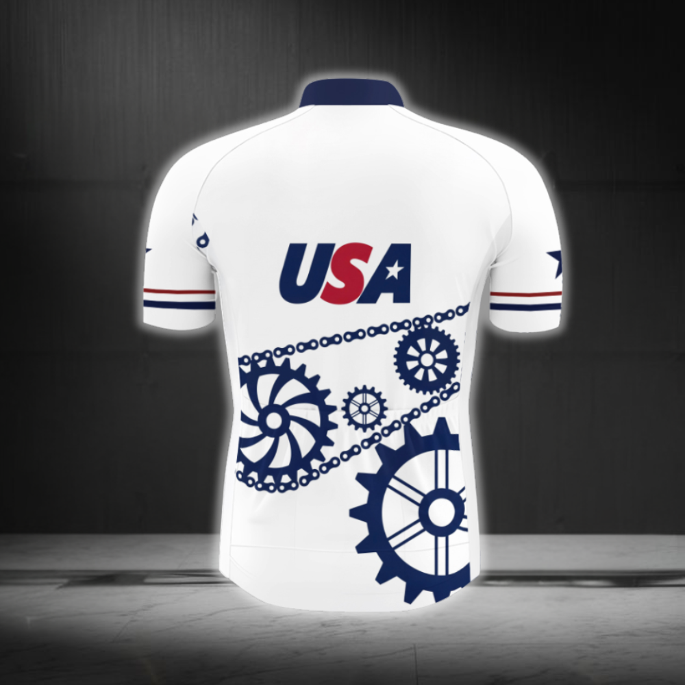 USA Flag Gear Cycling Short Sleeve Jersey For Men, White Red Blue Patriotic Cycling Jersey CG0872