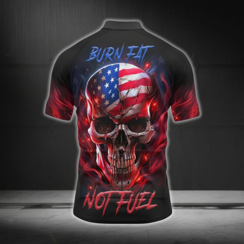 Burn Fat Not Fuel American Flag Skull Cycling Short Sleeve Men Jersey, Patriotic Skull Cycling Jerseys CG0554