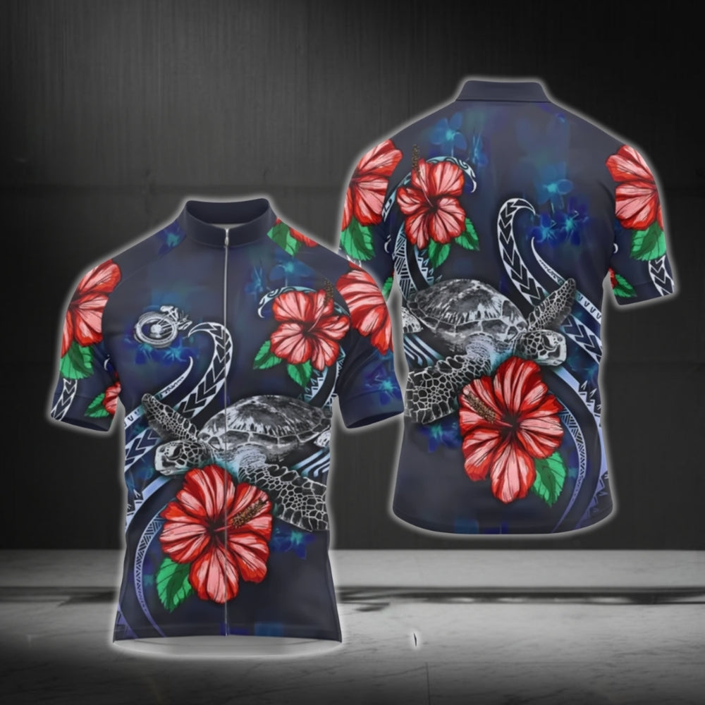 Hibiscus And Turtle Cycling Short Sleeve Jersey For Men, Tropical Cycling Jerseys CG0555
