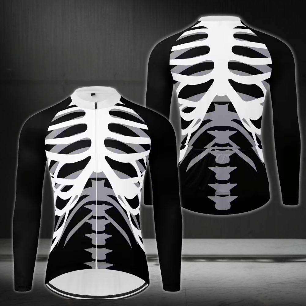 Black And White Skeleton Cycle Long Sleeve Jersey For Mens, Skeleton Cycling Jersey Men's CE0016