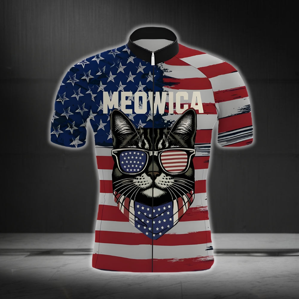 Meowica American Flag Cat Cycling Short Sleeve Jersey Mens, Patriotic Cycling Jerseys For Cat Lovers CG0059