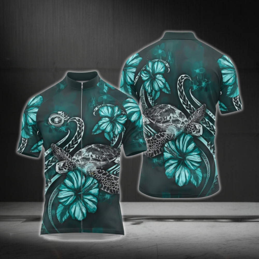Hibiscus And Turtle Cycling Short Sleeve Jersey For Men, Tropical Cycling Jerseys CG0555