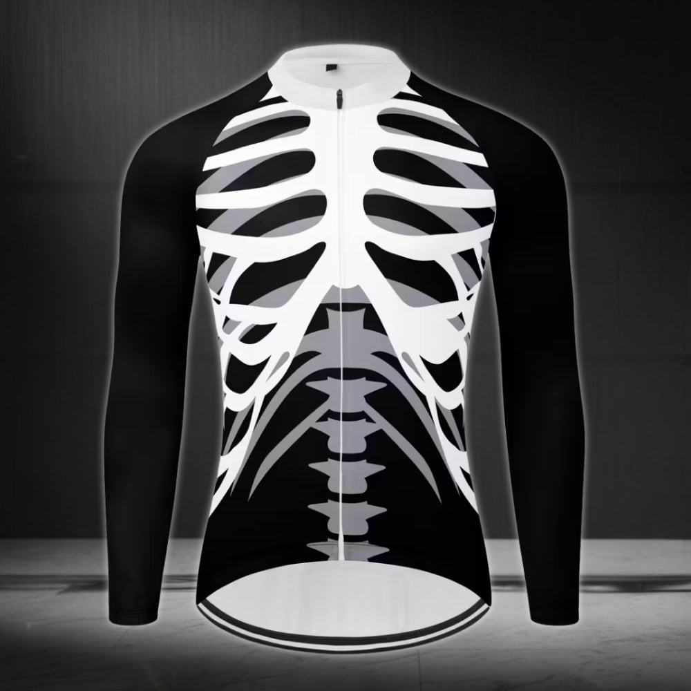 Black And White Skeleton Cycle Long Sleeve Jersey For Mens, Skeleton Cycling Jersey Men's CE0016