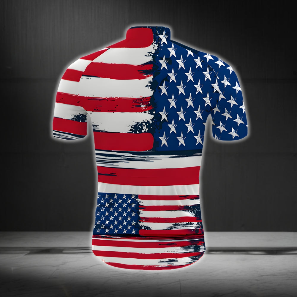 Meowica American Flag Cat Cycling Short Sleeve Jersey Mens, Patriotic Cycling Jerseys For Cat Lovers CG0059