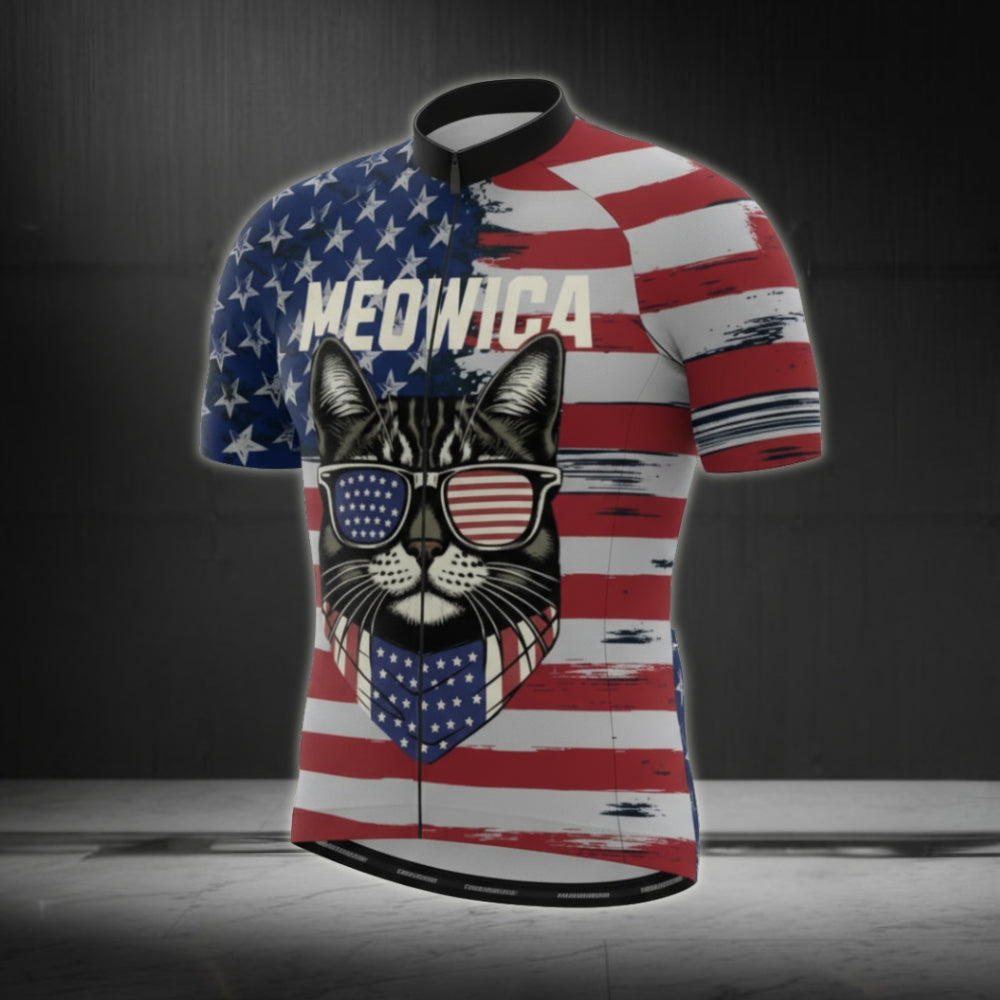 Meowica American Flag Cat Cycling Short Sleeve Jersey Mens, Patriotic Cycling Jerseys For Cat Lovers CG0059