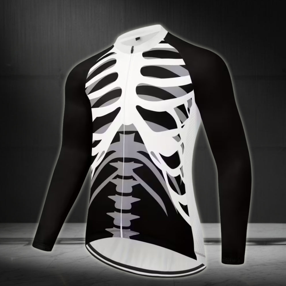 Black And White Skeleton Cycle Long Sleeve Jersey For Mens, Skeleton Cycling Jersey Men's CE0016