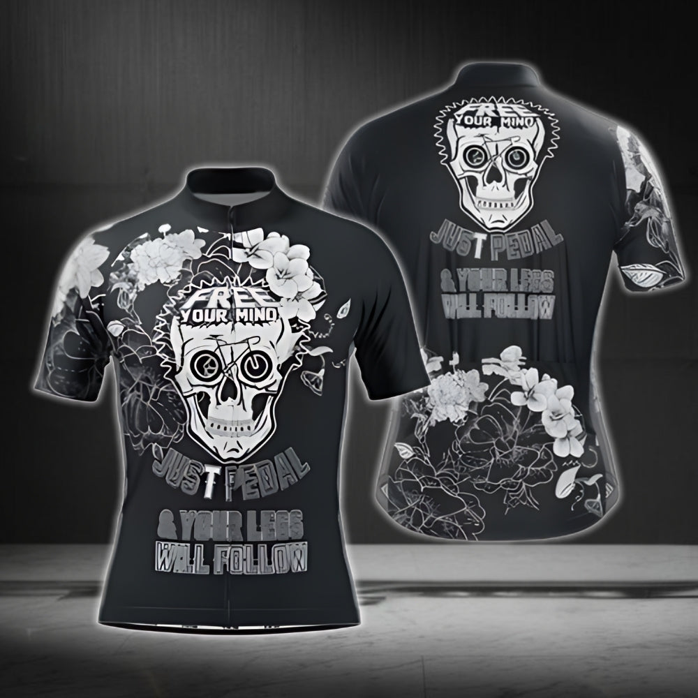 Free Your Mind Just Pedal And Your Legs Will Follow Mens Cycling Short Sleeve Jersey, Black Skull Cycling Jerseys CG0433