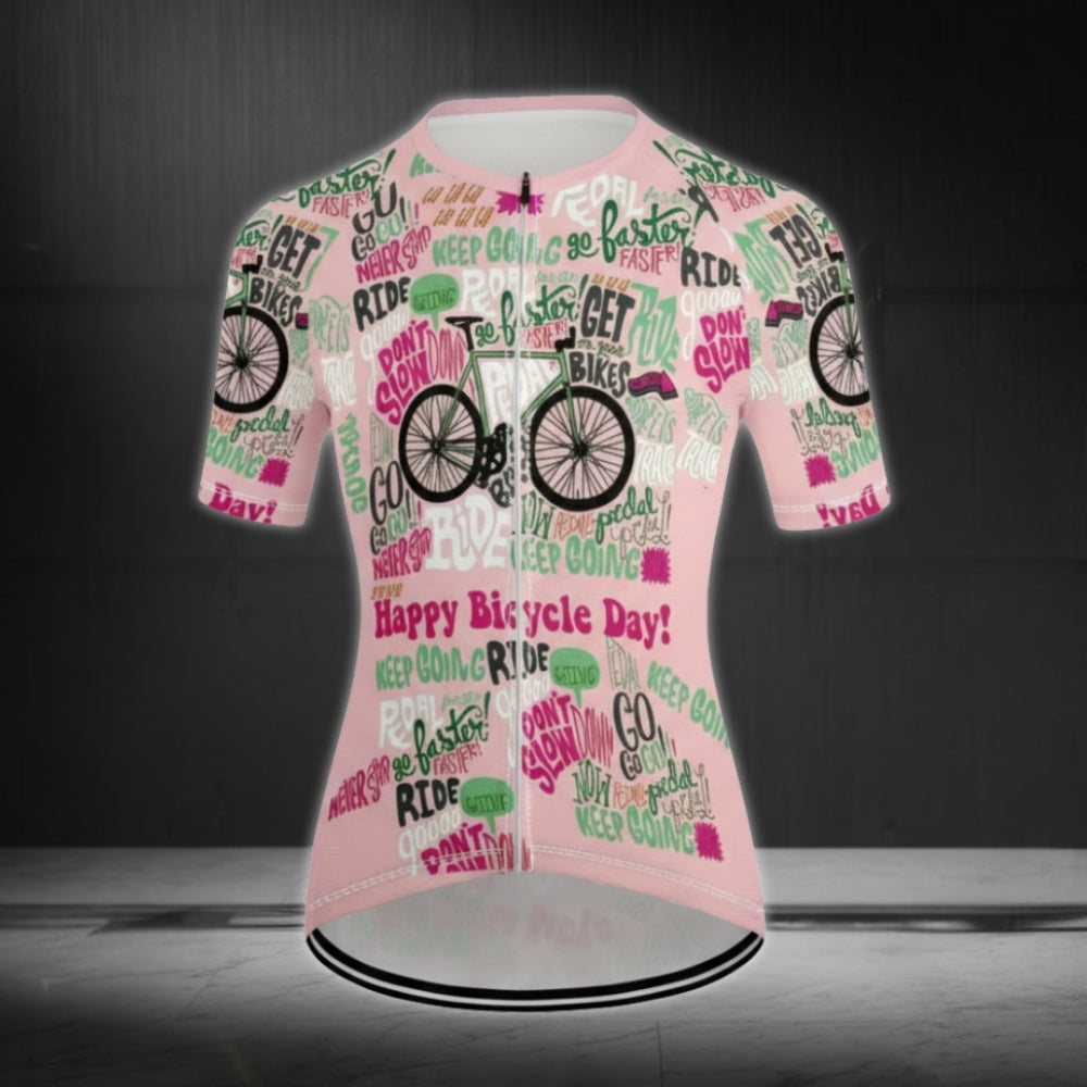 Happy Bicycle Day Don't Slow Womens Pink Cycling Short Sleeve Jersey, Funny Cycle Jersey For Womens CE0017