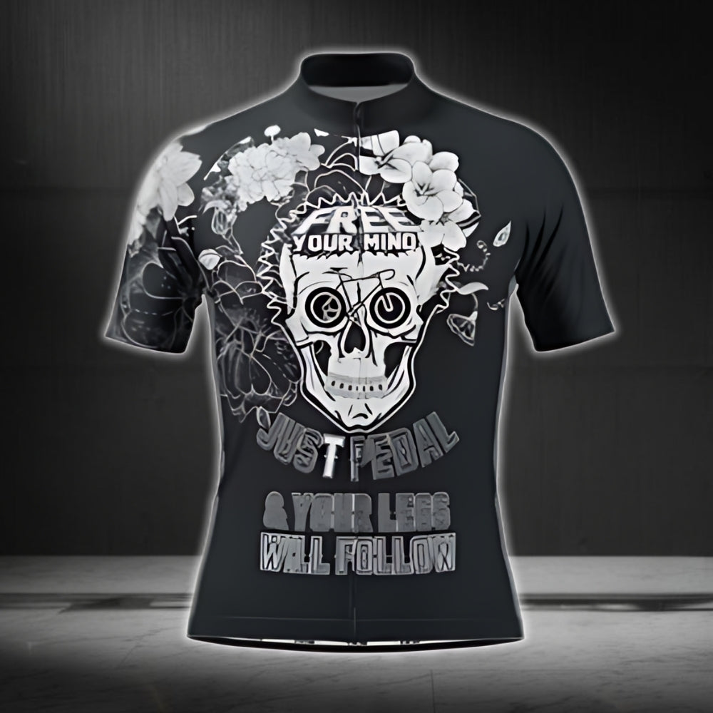Free Your Mind Just Pedal And Your Legs Will Follow Mens Cycling Short Sleeve Jersey, Black Skull Cycling Jerseys CG0433
