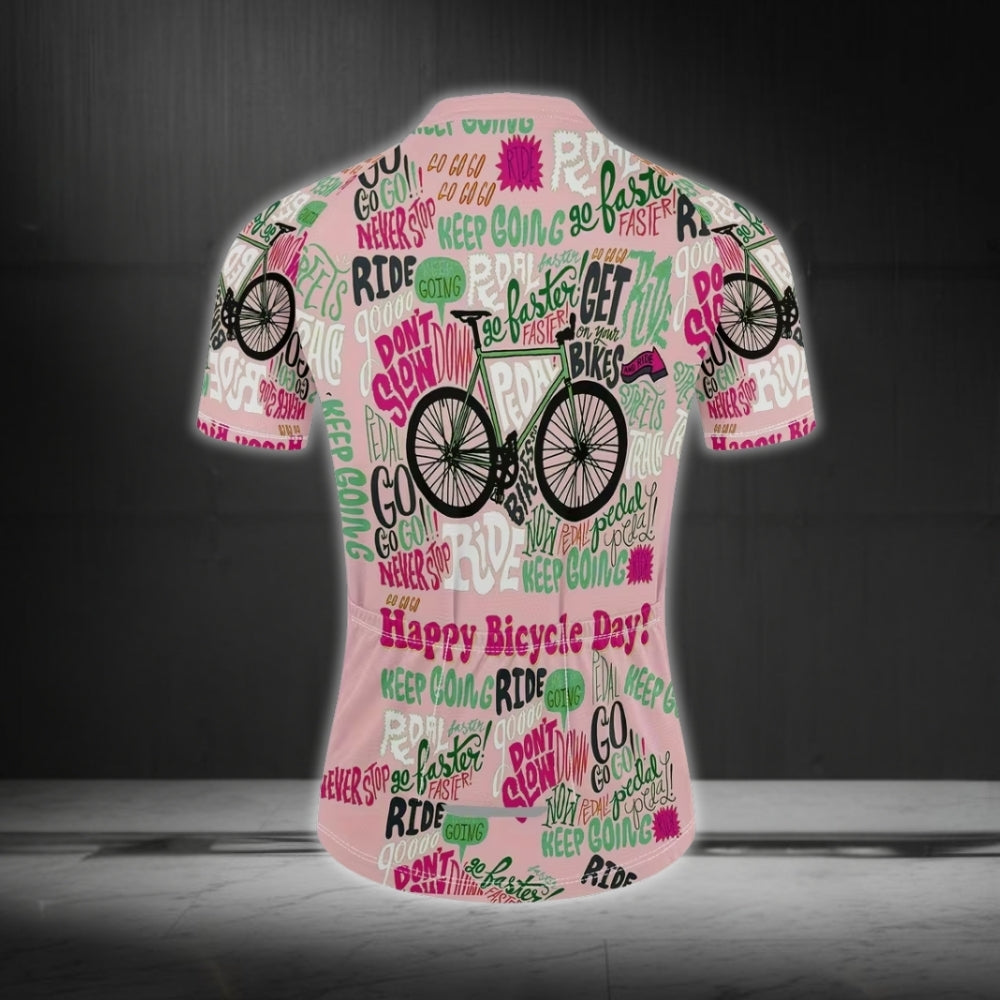 Happy Bicycle Day Don't Slow Womens Pink Cycling Short Sleeve Jersey, Funny Cycle Jersey For Womens CE0017