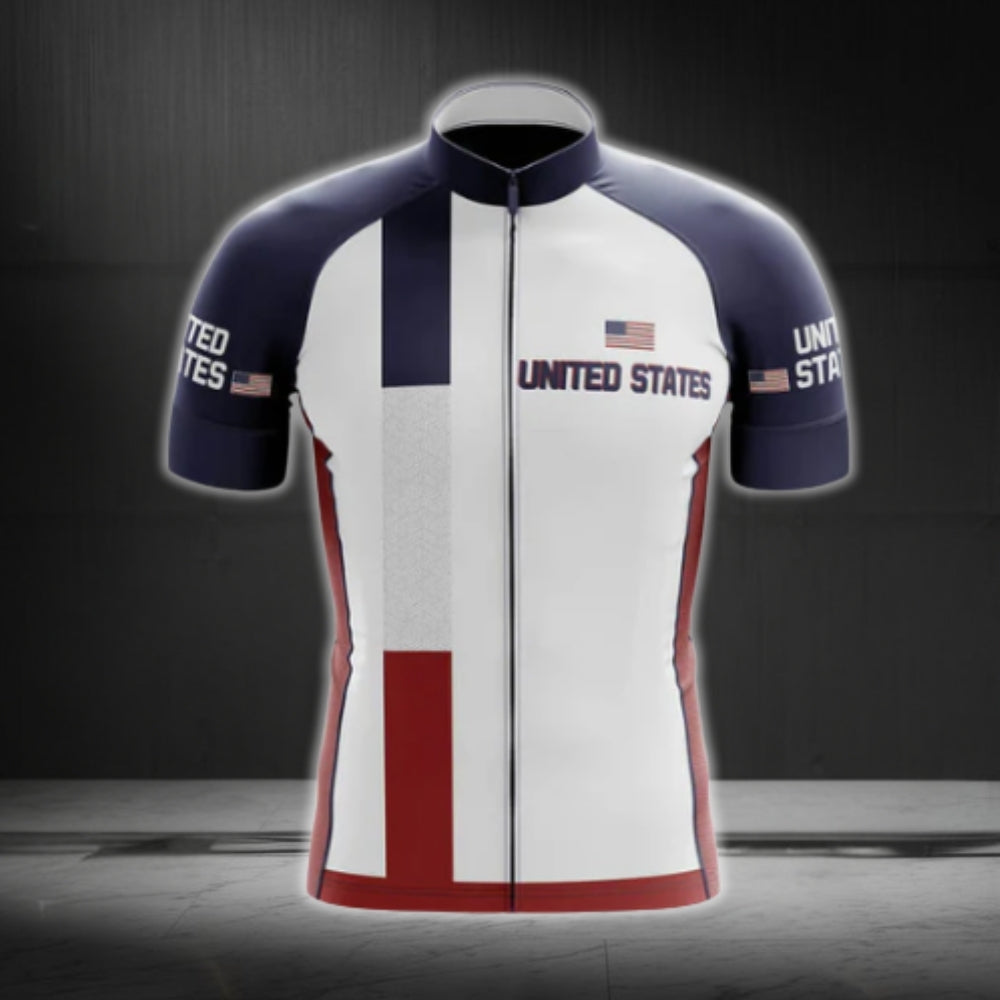 White Red Blue USA Flag Cycling Short Sleeve Jersey For Men, Patriotic Cycling Jerseys CG0557