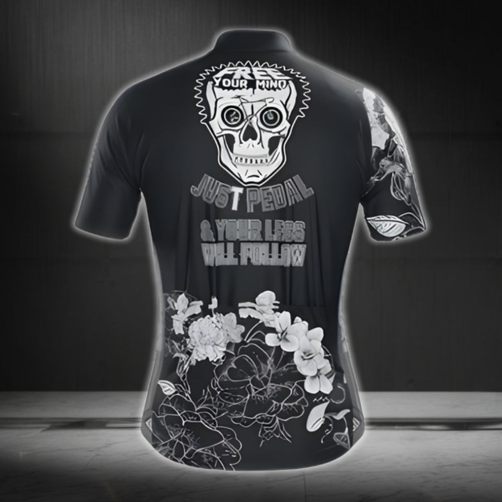 Free Your Mind Just Pedal And Your Legs Will Follow Mens Cycling Short Sleeve Jersey, Black Skull Cycling Jerseys CG0433