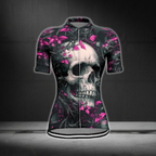 Black Pink Skull Cycling Short Sleeve Women's Jersey, Skull Cycling Jersey For Women CE0062