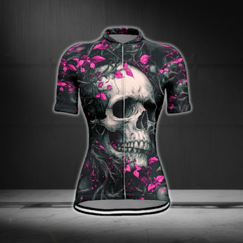 Black Pink Skull Cycling Short Sleeve Women's Jersey, Skull Cycling Jersey For Women CE0062