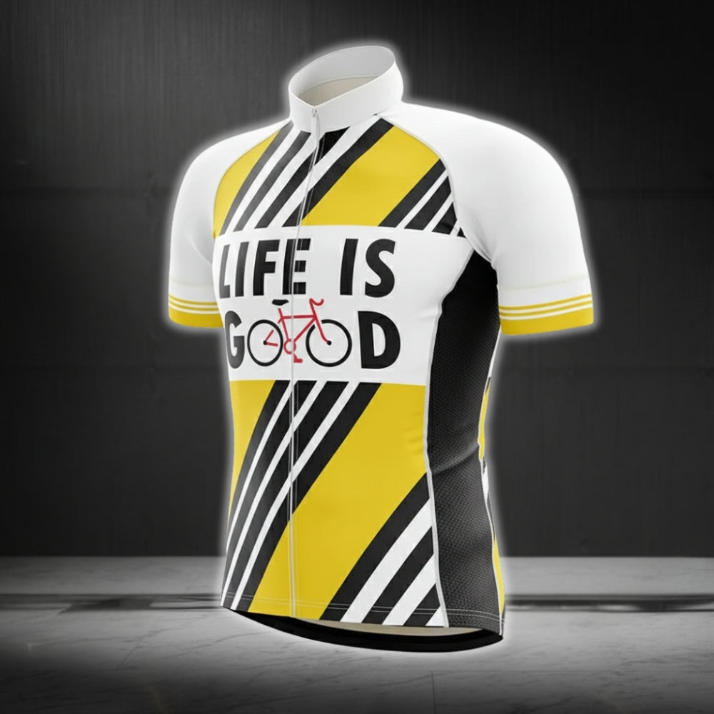 Life Is Good Yellow And White Cycling Short Sleeve Men's Jerseys, White and Yellow Cycling Jersey For Mens CG0243