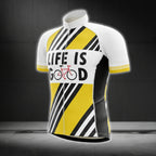 Life Is Good Yellow And White Cycling Short Sleeve Men's Jerseys, White and Yellow Cycling Jersey For Mens CG0243