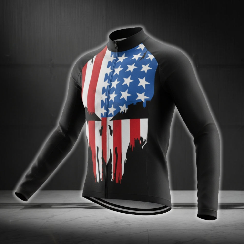 American Flag Skull Cycling Long Sleeve Men Jersey, Patriotic Skull Cycling Jerseys CG0727