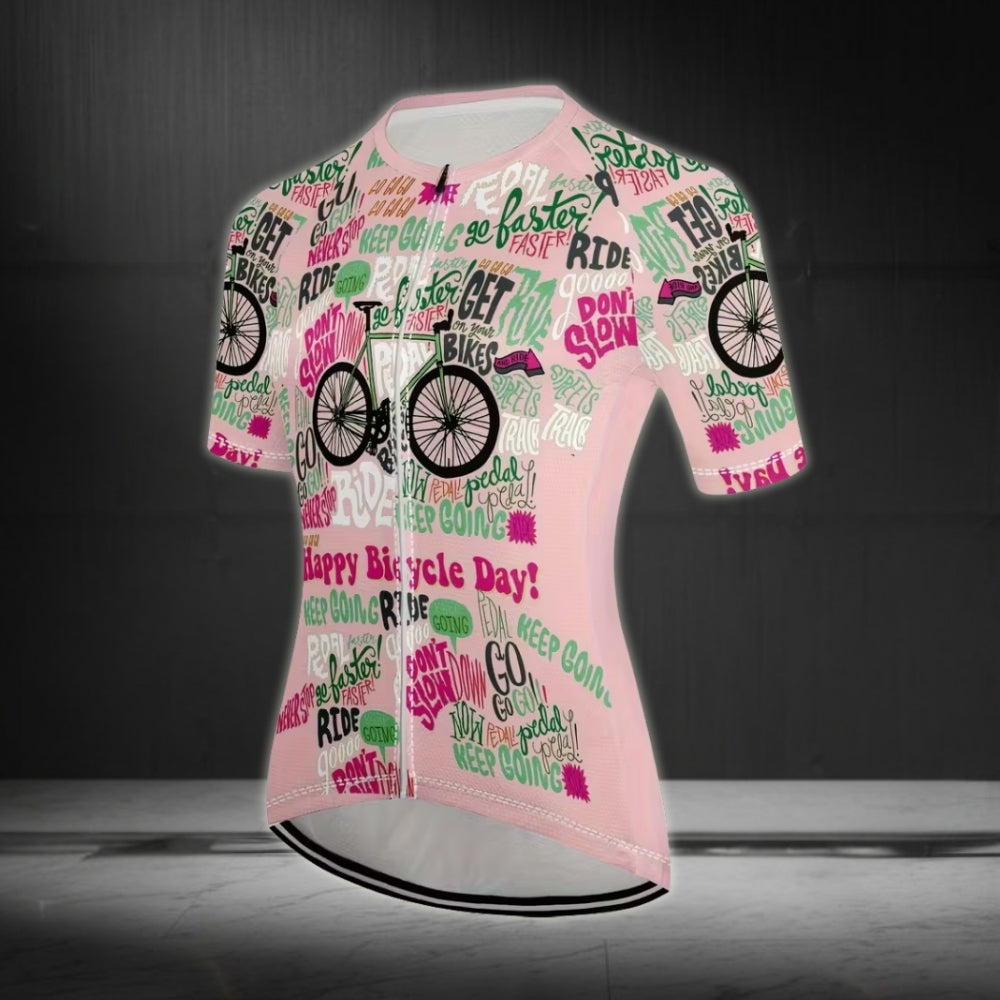 Happy Bicycle Day Don't Slow Womens Pink Cycling Short Sleeve Jersey, Funny Cycle Jersey For Womens CE0017