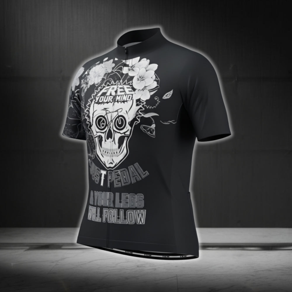 Free Your Mind Just Pedal And Your Legs Will Follow Mens Cycling Short Sleeve Jersey, Black Skull Cycling Jerseys CG0433