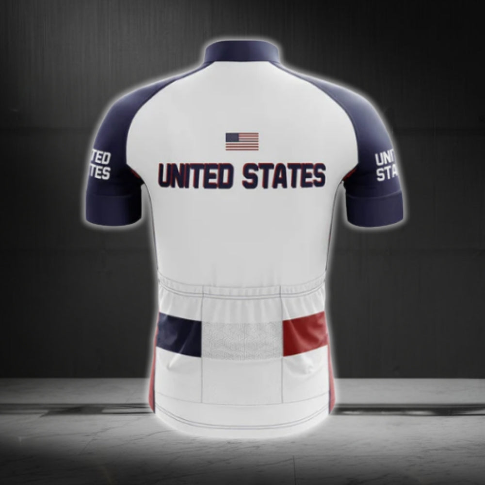 White Red Blue USA Flag Cycling Short Sleeve Jersey For Men, Patriotic Cycling Jerseys CG0557
