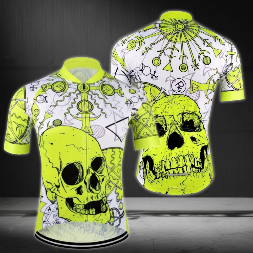 Neon Green Skull Cycling Short Sleeve Jersey For Men, Men's Skull Cycling Jerseys CE0018