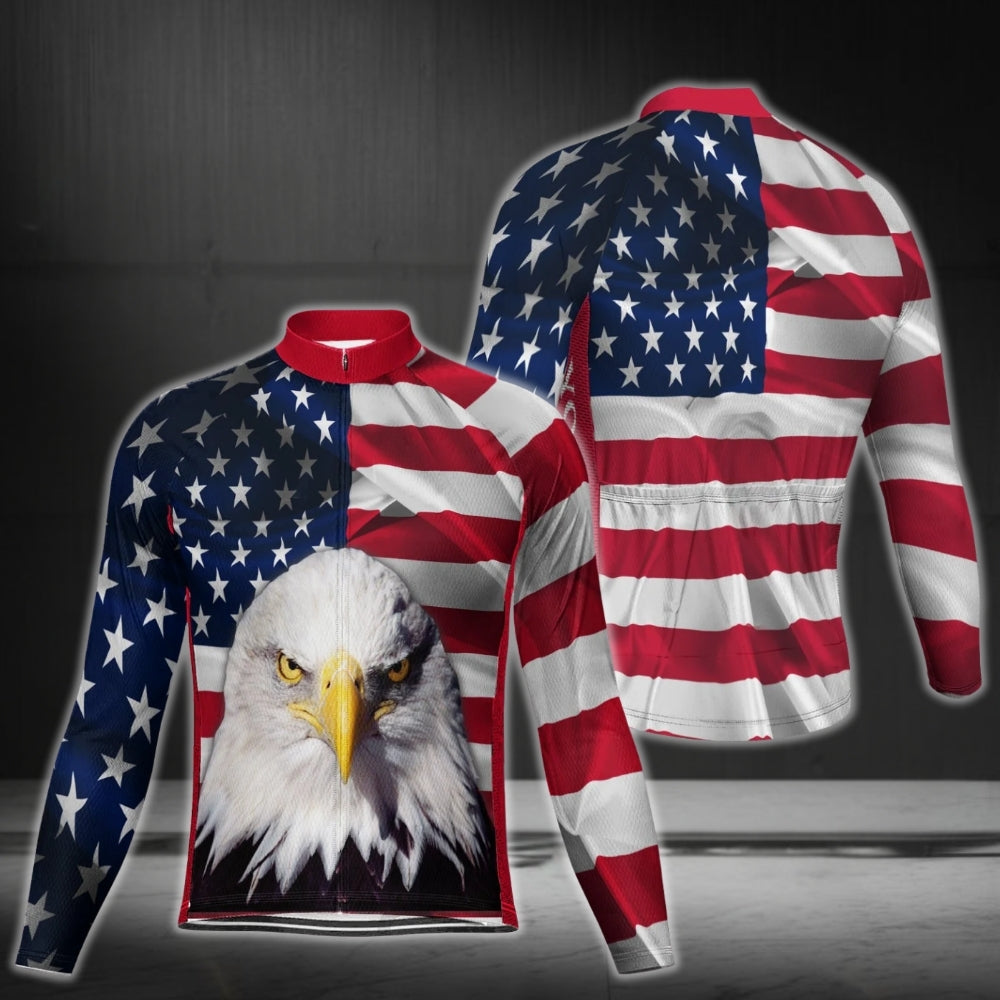 Custom American Eagle Cycling Jersey Long Sleeve For Men, Custom Patriotic Cycling Jerseys CG0334