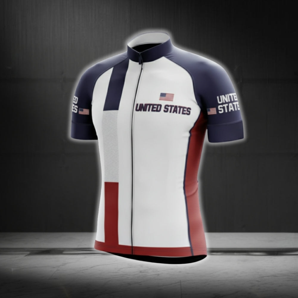 White Red Blue USA Flag Cycling Short Sleeve Jersey For Men, Patriotic Cycling Jerseys CG0557