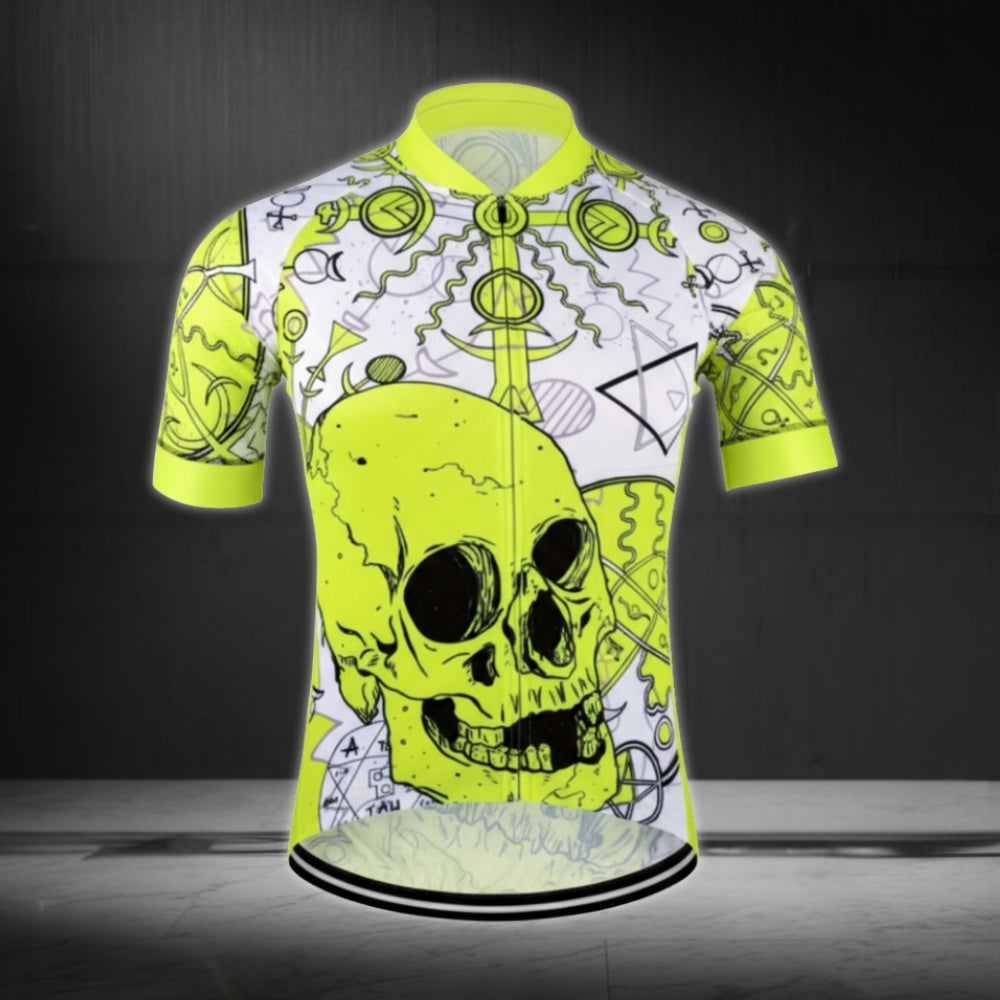 Neon Green Skull Cycling Short Sleeve Jersey For Men, Men's Skull Cycling Jerseys CE0018