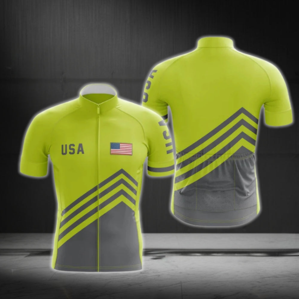 Green And Grey USA Flag Cycling Short Sleeve Men's Jersey, Patriotic Cycling Jerseys CG0558