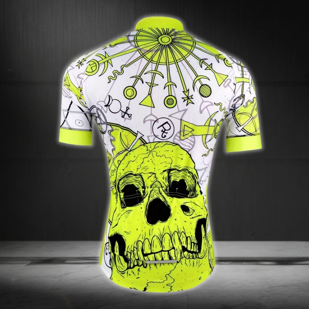 Neon Green Skull Cycling Short Sleeve Jersey For Men, Men's Skull Cycling Jerseys CE0018