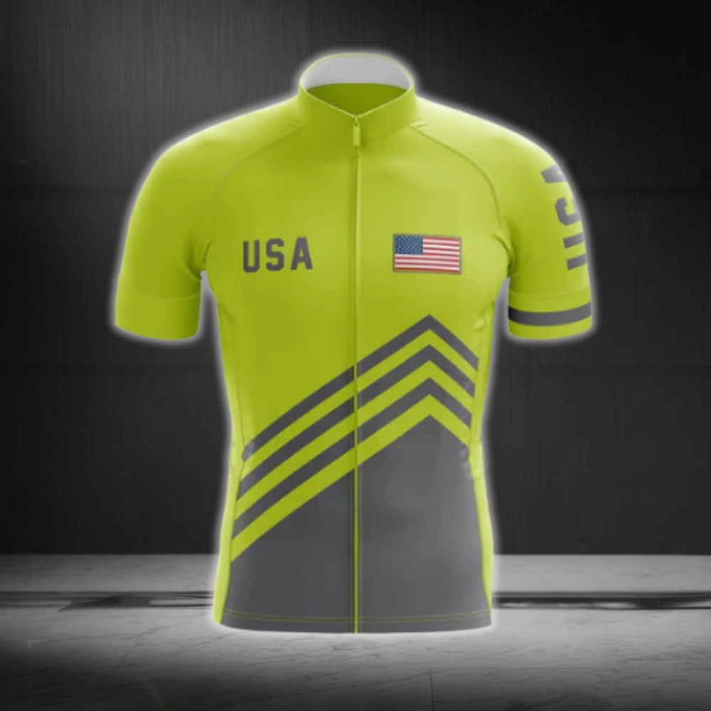 Green And Grey USA Flag Cycling Short Sleeve Men's Jersey, Patriotic Cycling Jerseys CG0558