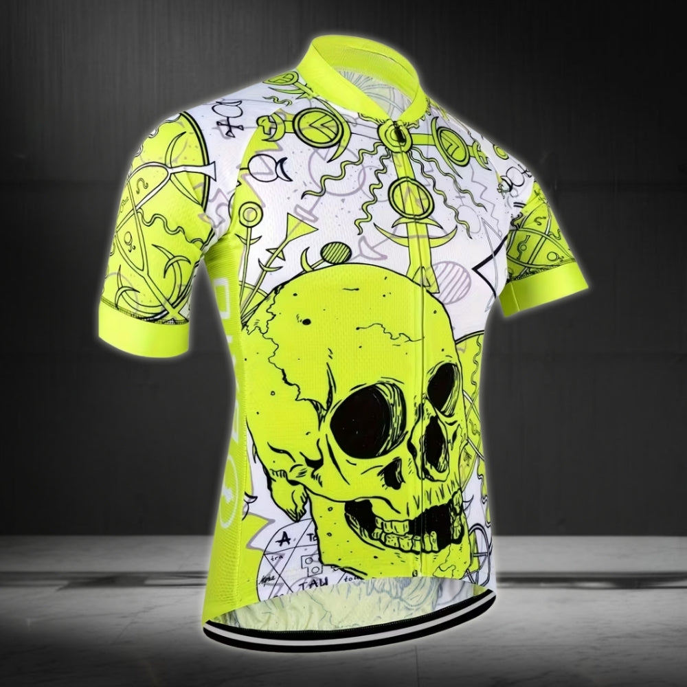 Neon Green Skull Cycling Short Sleeve Jersey For Men, Men's Skull Cycling Jerseys CE0018