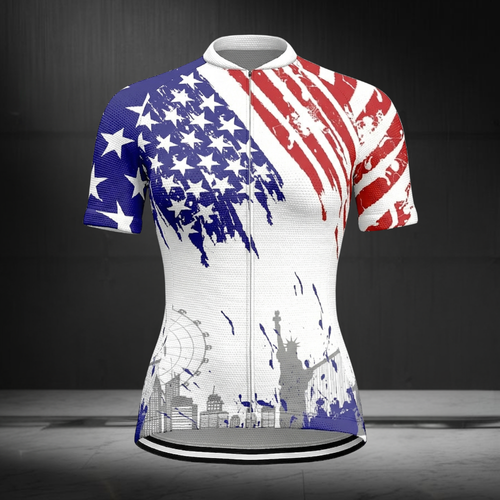 American Flag Grunge Short Sleeve Cycling Jersey For Women, Patriotic Cycling Jersey For Ladies CZ0145