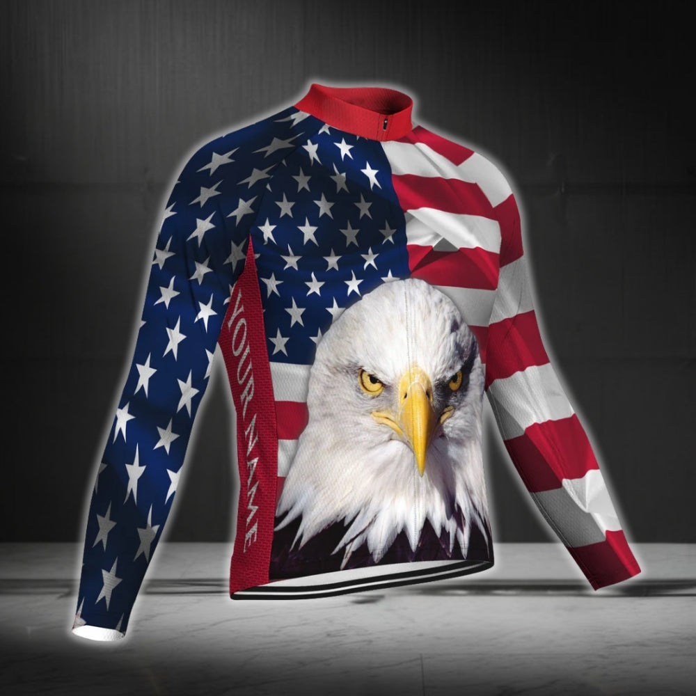 Custom American Eagle Cycling Jersey Long Sleeve For Men, Custom Patriotic Cycling Jerseys CG0334