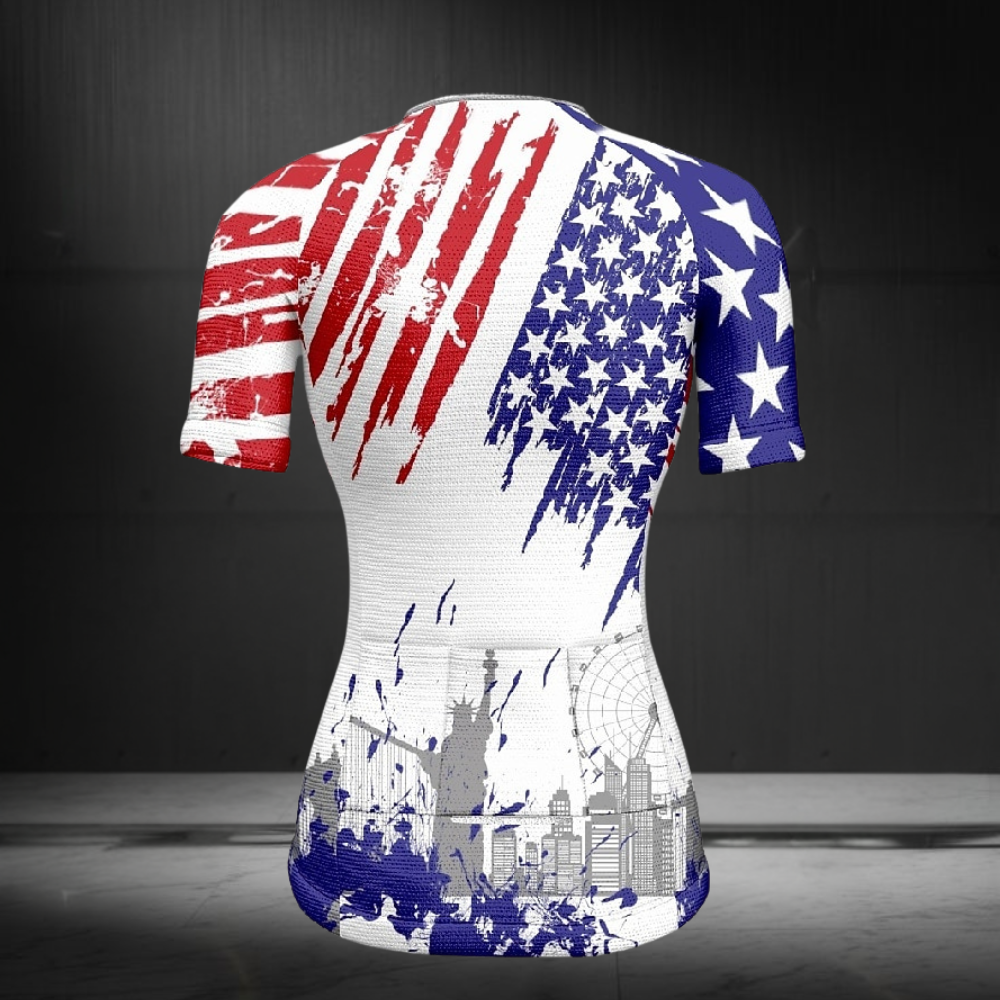 American Flag Grunge Short Sleeve Cycling Jersey For Women, Patriotic Cycling Jersey For Ladies CZ0145